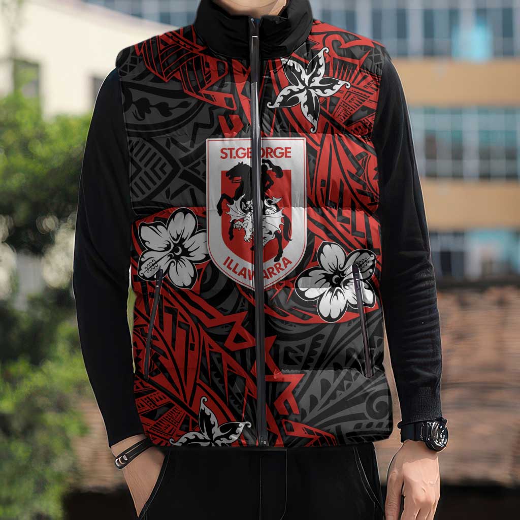 Personalised St. George Illawarra Dragons Sleeveless Puffer Jacket Polynesian Tribal Pattern With Rugby Dragon Mascot Art