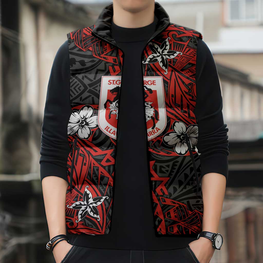 Personalised St. George Illawarra Dragons Sleeveless Puffer Jacket Polynesian Tribal Pattern With Rugby Dragon Mascot Art
