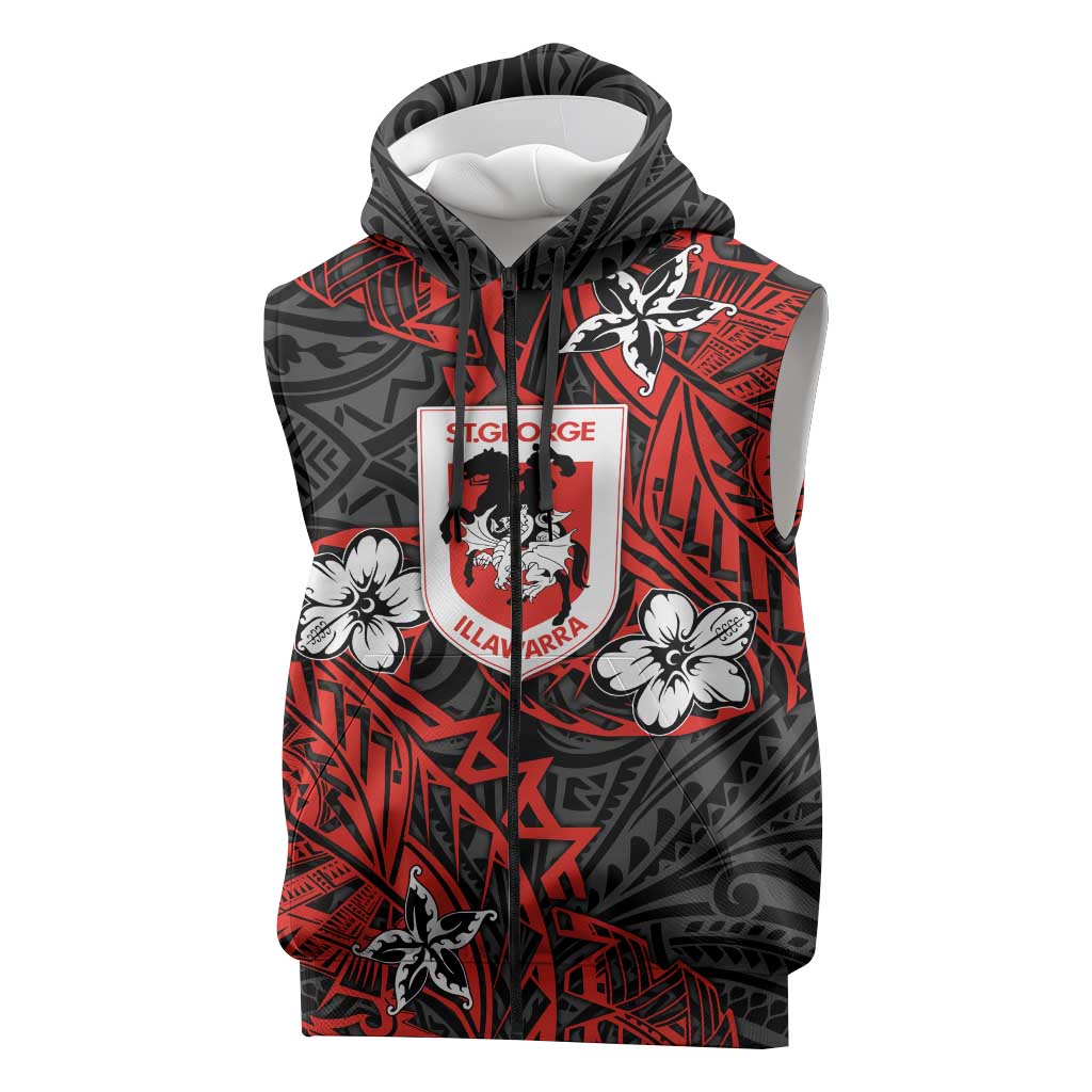 Personalised St. George Illawarra Dragons Sleeveless Zip Hoodie Polynesian Tribal Pattern With Rugby Dragon Mascot Art