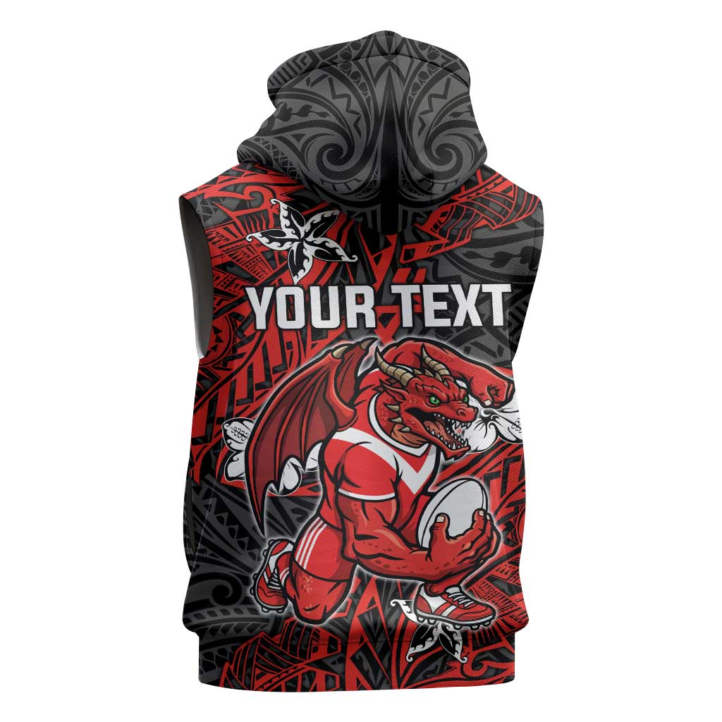 Personalised St. George Illawarra Dragons Sleeveless Zip Hoodie Polynesian Tribal Pattern With Rugby Dragon Mascot Art
