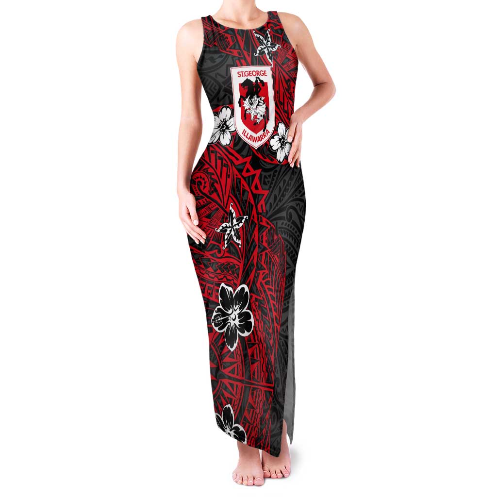 Personalised St. George Illawarra Dragons Tank Maxi Dress Polynesian Tribal Pattern With Rugby Dragon Mascot Art