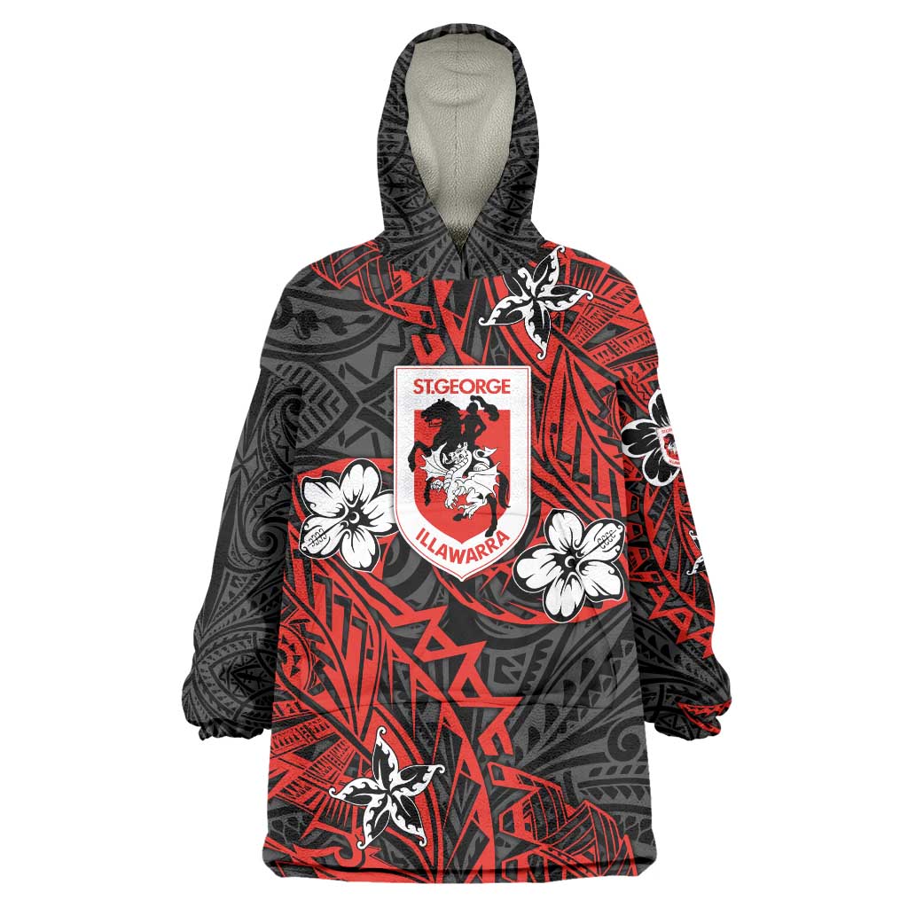 Personalised St. George Illawarra Dragons Wearable Blanket Hoodie Polynesian Tribal Pattern With Rugby Dragon Mascot Art