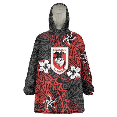 Personalised St. George Illawarra Dragons Wearable Blanket Hoodie Polynesian Tribal Pattern With Rugby Dragon Mascot Art