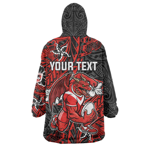 Personalised St. George Illawarra Dragons Wearable Blanket Hoodie Polynesian Tribal Pattern With Rugby Dragon Mascot Art