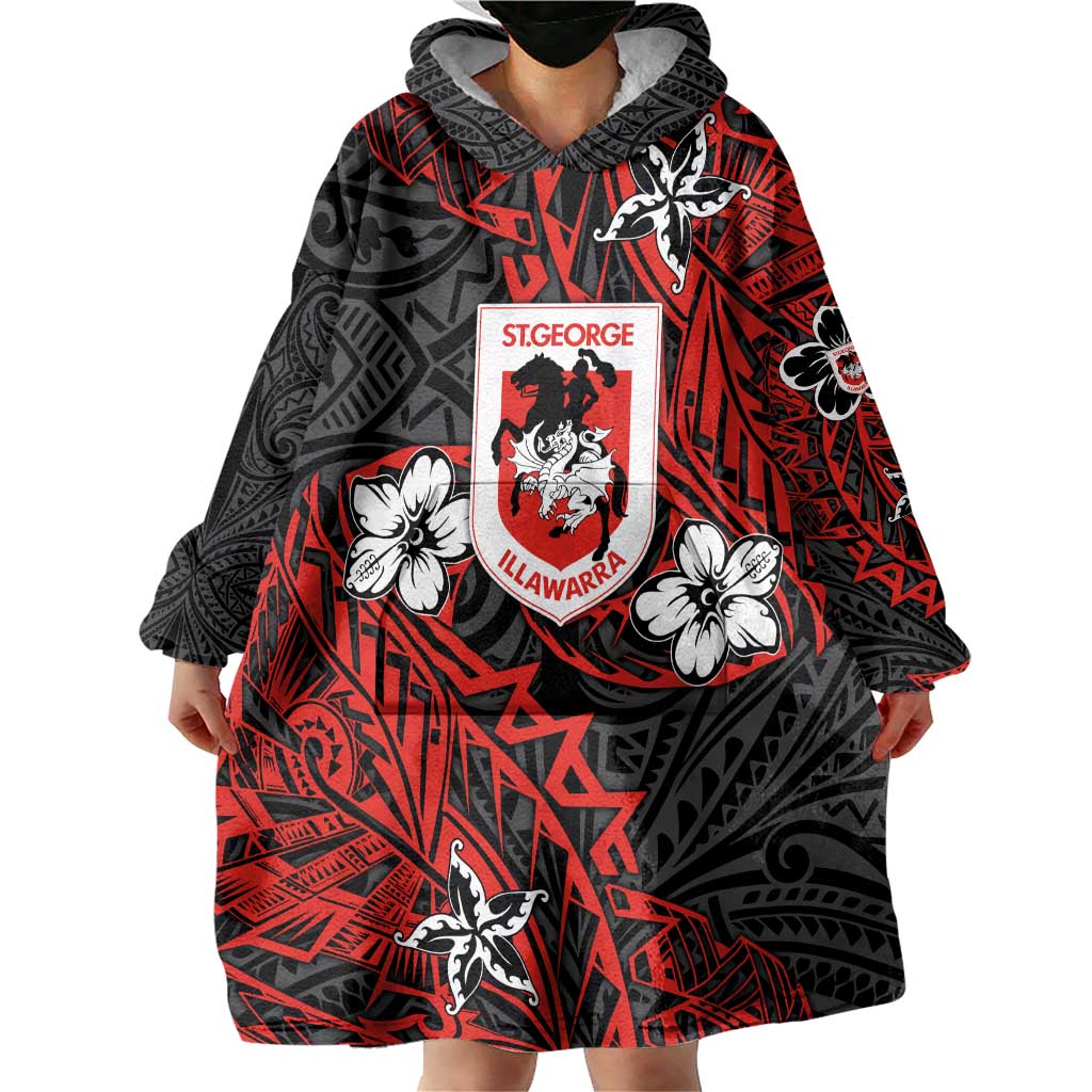 Personalised St. George Illawarra Dragons Wearable Blanket Hoodie Polynesian Tribal Pattern With Rugby Dragon Mascot Art