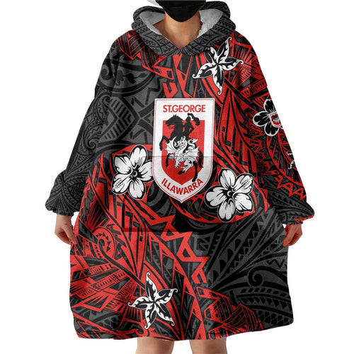 Personalised St. George Illawarra Dragons Wearable Blanket Hoodie Polynesian Tribal Pattern With Rugby Dragon Mascot Art