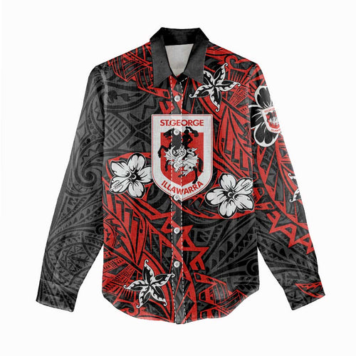 Personalised St. George Illawarra Dragons Women Casual Shirt Polynesian Tribal Pattern With Rugby Dragon Mascot Art