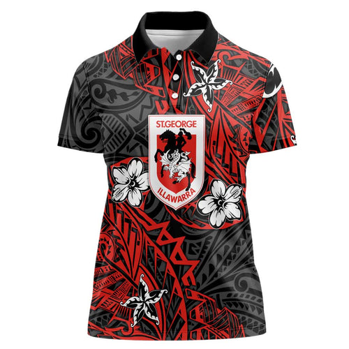 Personalised St. George Illawarra Dragons Women Polo Shirt Polynesian Tribal Pattern With Rugby Dragon Mascot Art