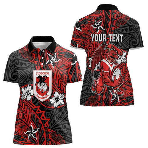 Personalised St. George Illawarra Dragons Women Polo Shirt Polynesian Tribal Pattern With Rugby Dragon Mascot Art