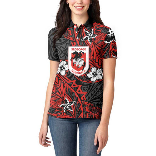 Personalised St. George Illawarra Dragons Women Polo Shirt Polynesian Tribal Pattern With Rugby Dragon Mascot Art