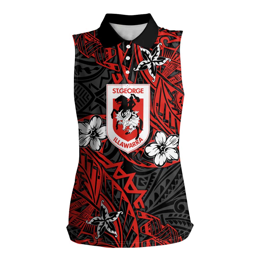 Personalised St. George Illawarra Dragons Women Sleeveless Polo Shirt Polynesian Tribal Pattern With Rugby Dragon Mascot Art