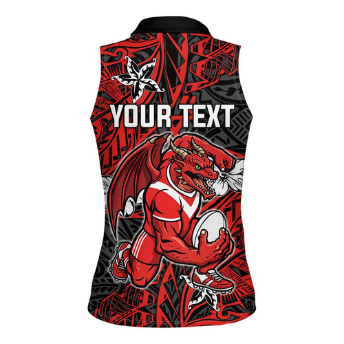 Personalised St. George Illawarra Dragons Women Sleeveless Polo Shirt Polynesian Tribal Pattern With Rugby Dragon Mascot Art