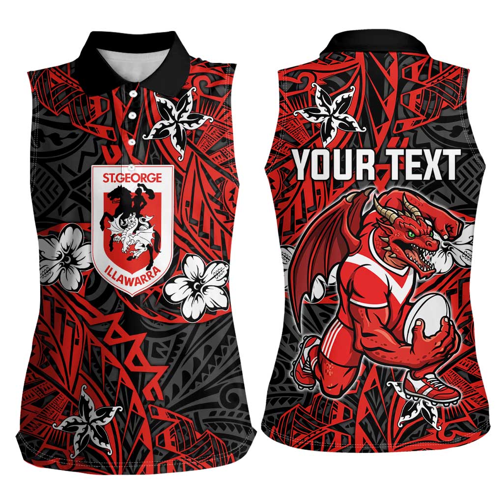 Personalised St. George Illawarra Dragons Women Sleeveless Polo Shirt Polynesian Tribal Pattern With Rugby Dragon Mascot Art