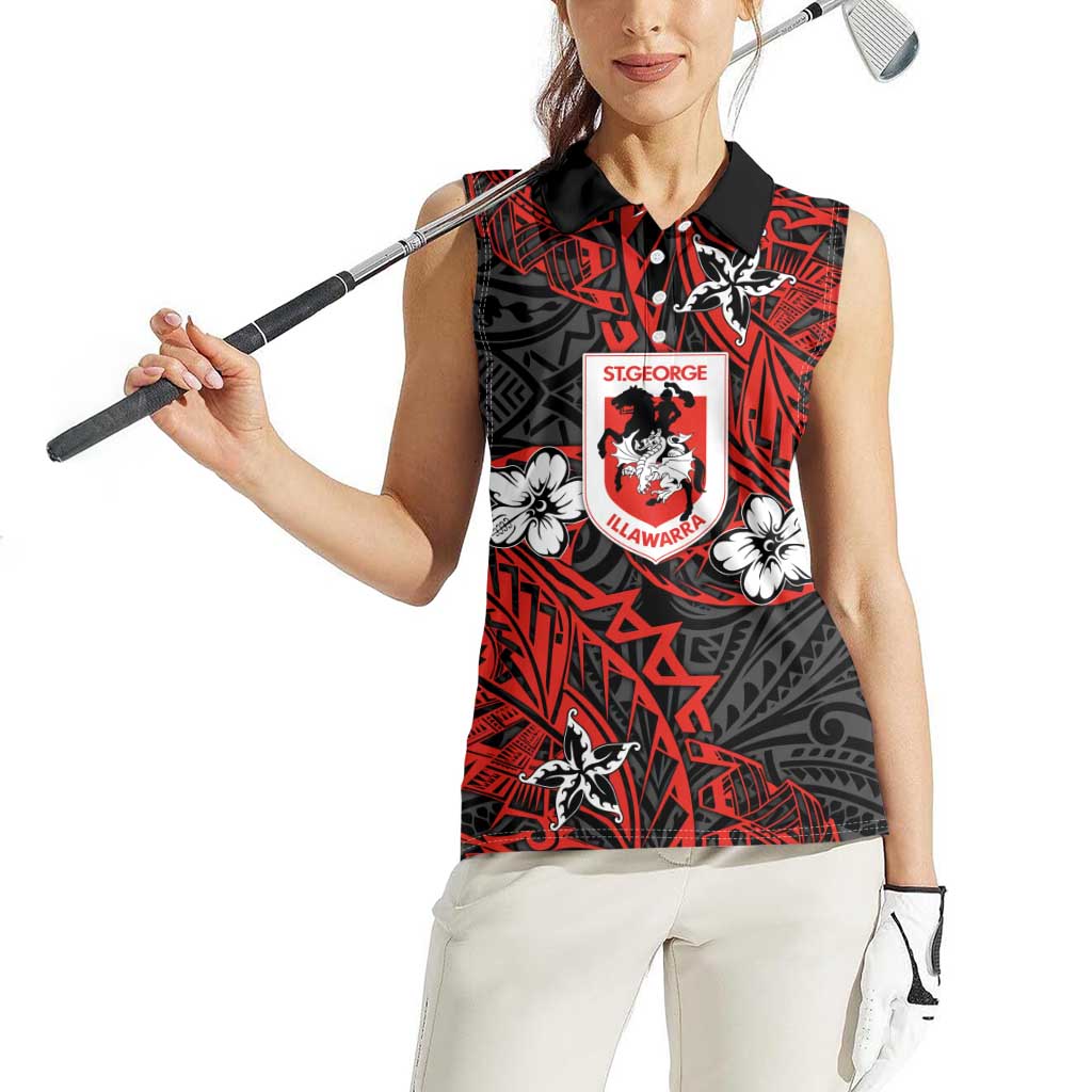 Personalised St. George Illawarra Dragons Women Sleeveless Polo Shirt Polynesian Tribal Pattern With Rugby Dragon Mascot Art