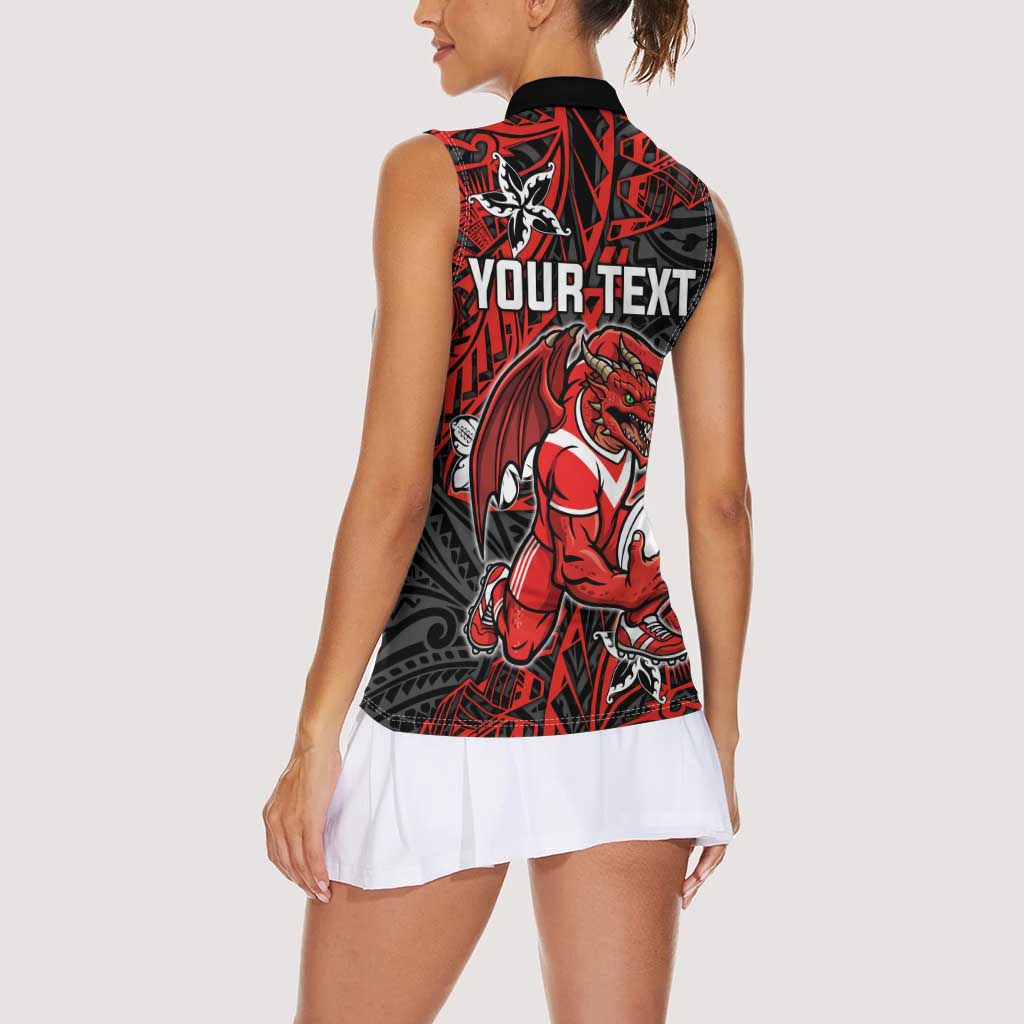 Personalised St. George Illawarra Dragons Women Sleeveless Polo Shirt Polynesian Tribal Pattern With Rugby Dragon Mascot Art
