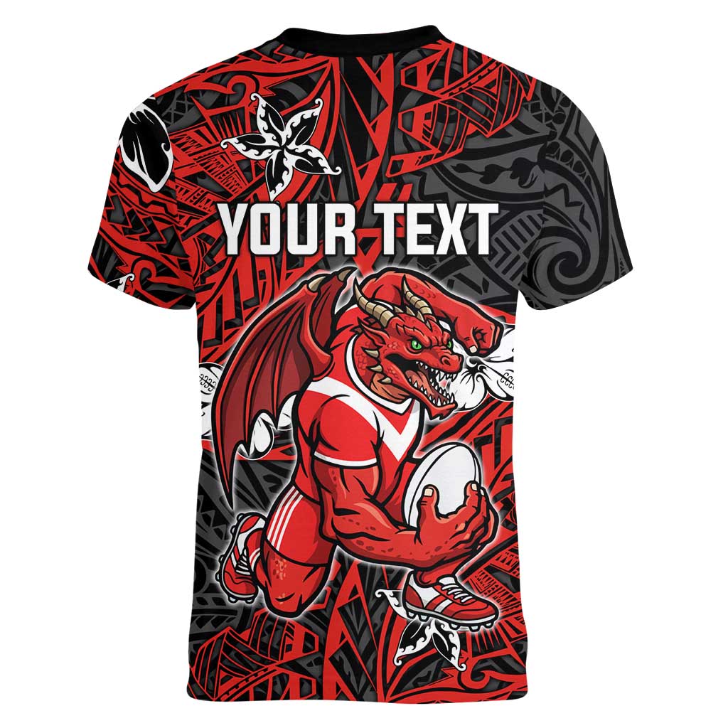 Personalised St. George Illawarra Dragons Women V-Neck T-Shirt Polynesian Tribal Pattern With Rugby Dragon Mascot Art