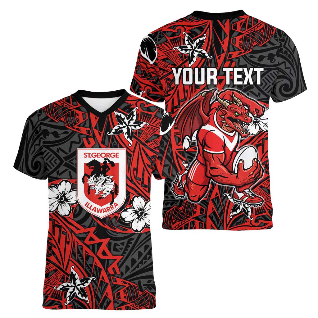 Personalised St. George Illawarra Dragons Women V-Neck T-Shirt Polynesian Tribal Pattern With Rugby Dragon Mascot Art