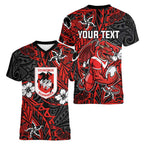 Personalised St. George Illawarra Dragons Women V-Neck T-Shirt Polynesian Tribal Pattern With Rugby Dragon Mascot Art