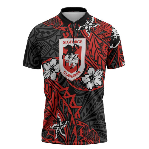 Personalised St. George Illawarra Dragons Zipper Polo Shirt Polynesian Tribal Pattern With Rugby Dragon Mascot Art