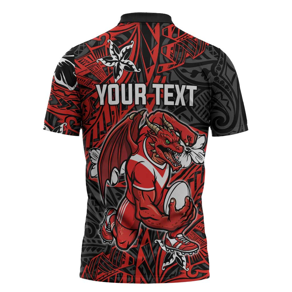 Personalised St. George Illawarra Dragons Zipper Polo Shirt Polynesian Tribal Pattern With Rugby Dragon Mascot Art