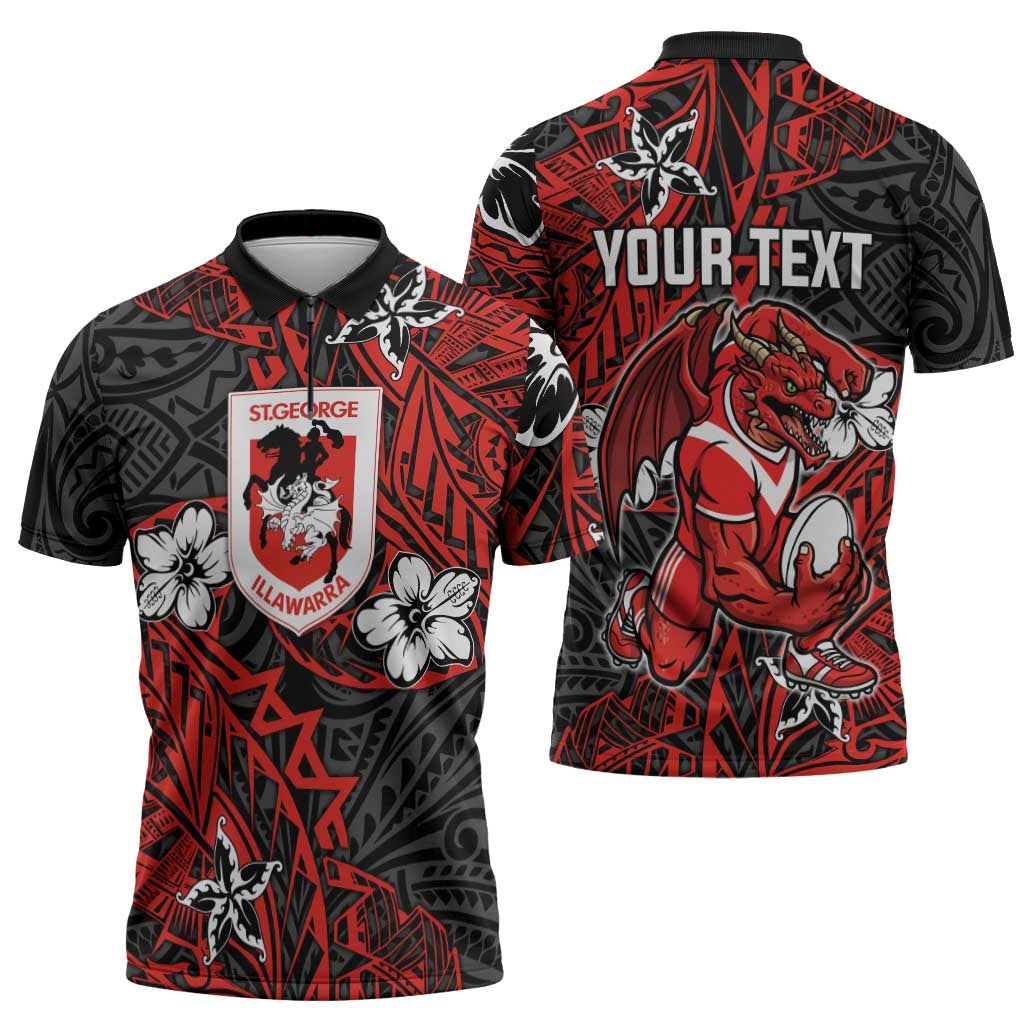 Personalised St. George Illawarra Dragons Zipper Polo Shirt Polynesian Tribal Pattern With Rugby Dragon Mascot Art