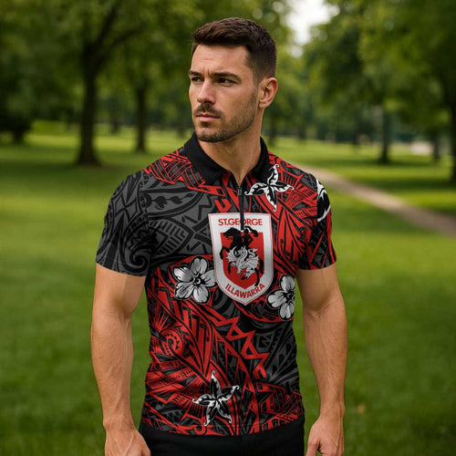 Personalised St. George Illawarra Dragons Zipper Polo Shirt Polynesian Tribal Pattern With Rugby Dragon Mascot Art