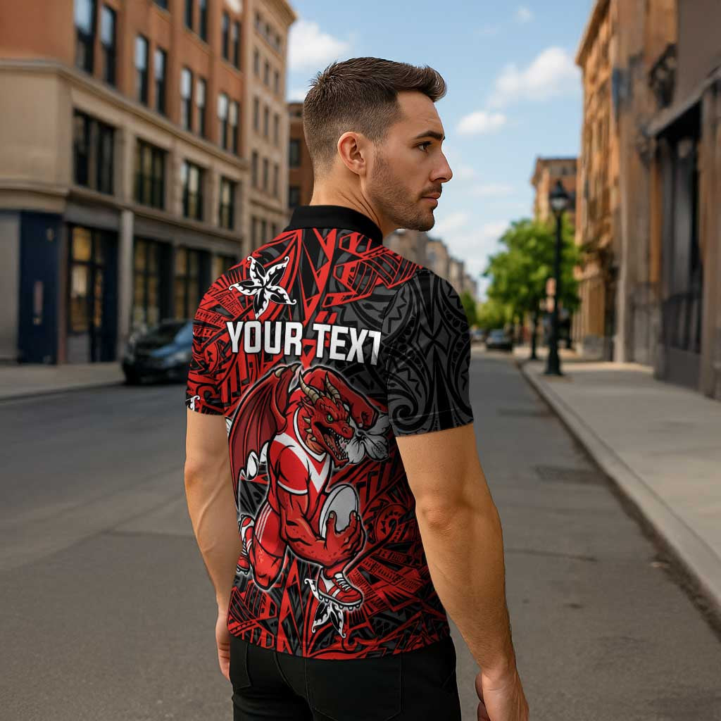 Personalised St. George Illawarra Dragons Zipper Polo Shirt Polynesian Tribal Pattern With Rugby Dragon Mascot Art