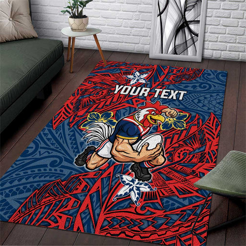 Personalised Sydney Roosters Area Rug Polynesian Tribal Pattern With Rugby Rooster Mascot Art