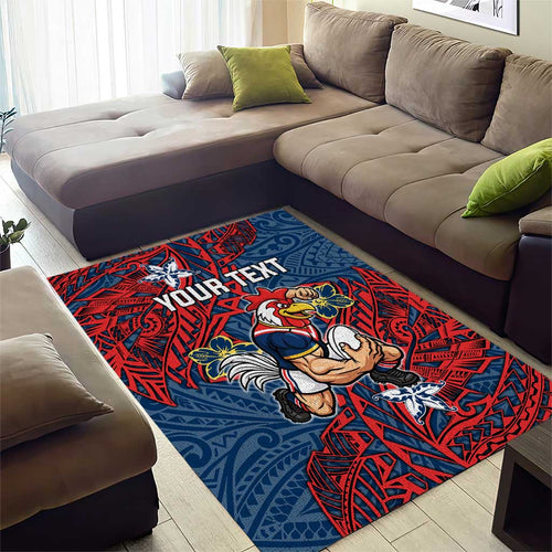 Personalised Sydney Roosters Area Rug Polynesian Tribal Pattern With Rugby Rooster Mascot Art