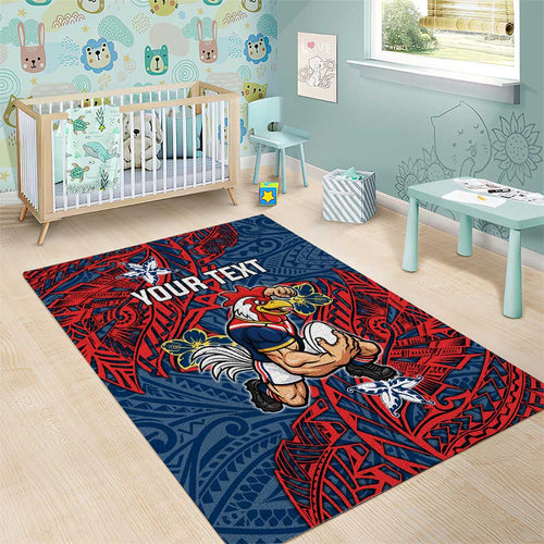 Personalised Sydney Roosters Area Rug Polynesian Tribal Pattern With Rugby Rooster Mascot Art