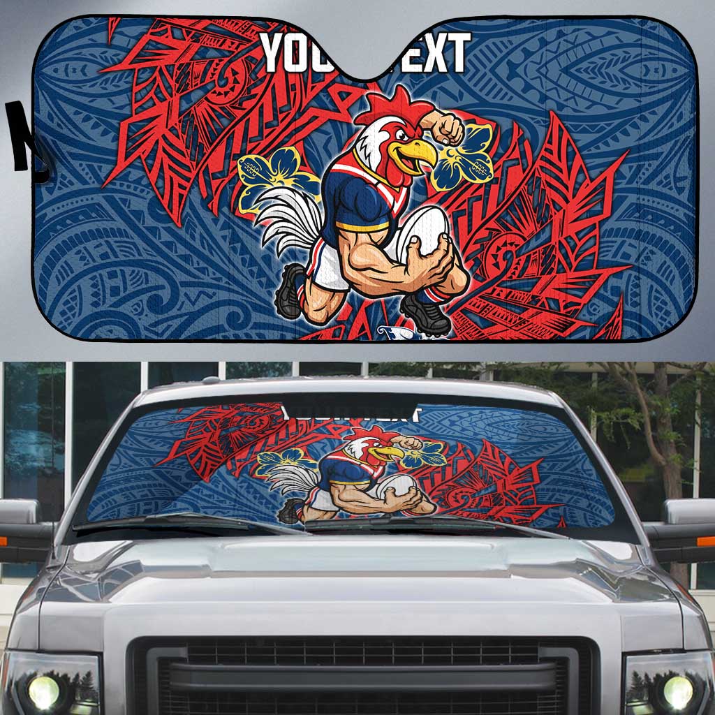 Personalised Sydney Roosters Auto Sun Shade Polynesian Tribal Pattern With Rugby Rooster Mascot Art