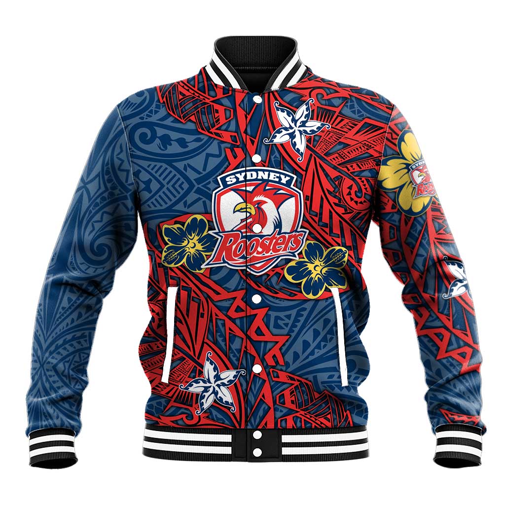 Personalised Sydney Roosters Baseball Jacket Polynesian Tribal Pattern With Rugby Rooster Mascot Art