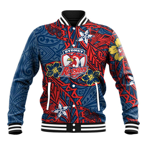 Personalised Sydney Roosters Baseball Jacket Polynesian Tribal Pattern With Rugby Rooster Mascot Art