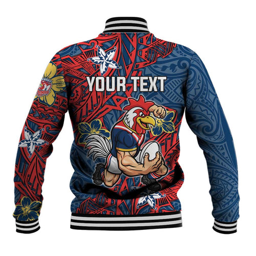 Personalised Sydney Roosters Baseball Jacket Polynesian Tribal Pattern With Rugby Rooster Mascot Art