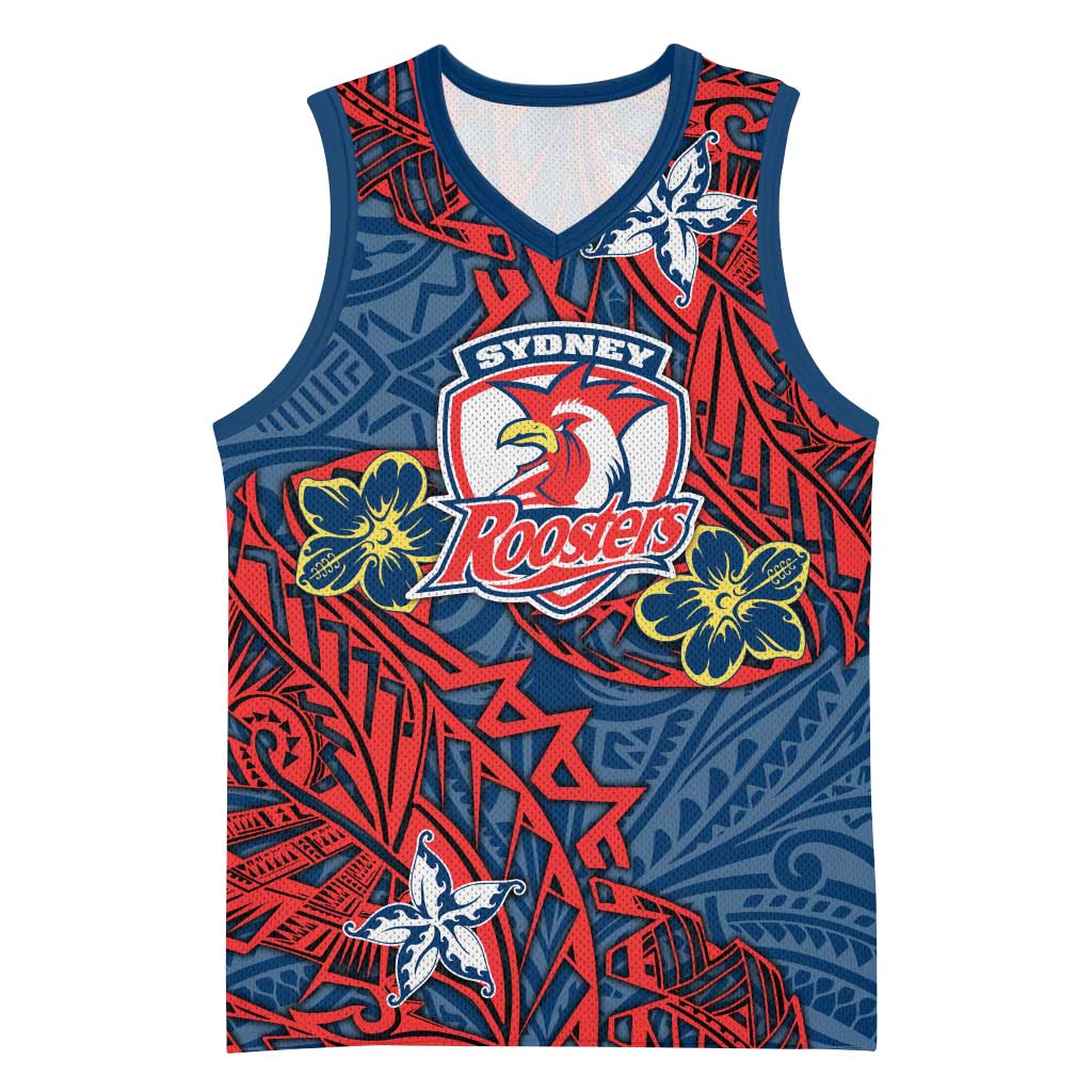 Personalised Sydney Roosters Basketball Jersey Polynesian Tribal Pattern With Rugby Rooster Mascot Art