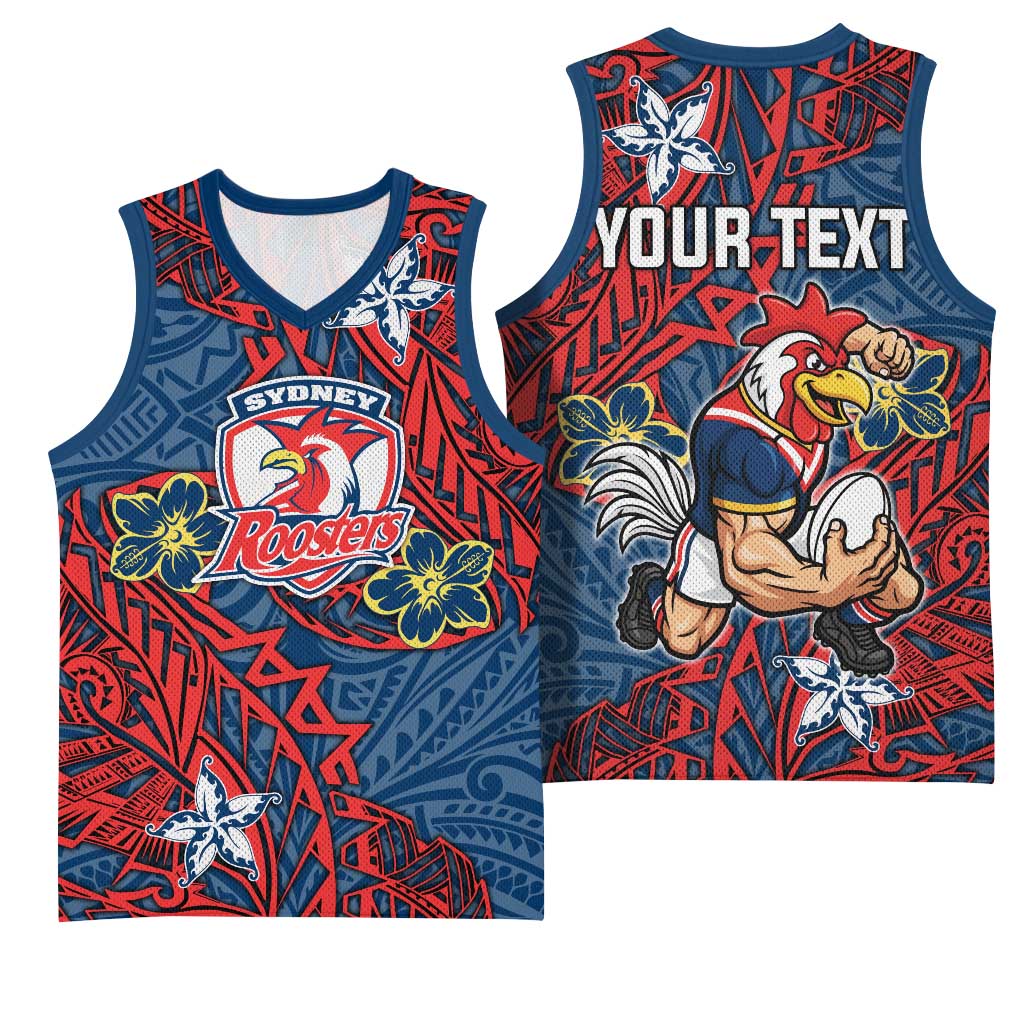 Personalised Sydney Roosters Basketball Jersey Polynesian Tribal Pattern With Rugby Rooster Mascot Art