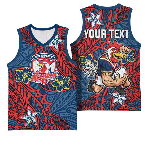 Personalised Sydney Roosters Basketball Jersey Polynesian Tribal Pattern With Rugby Rooster Mascot Art