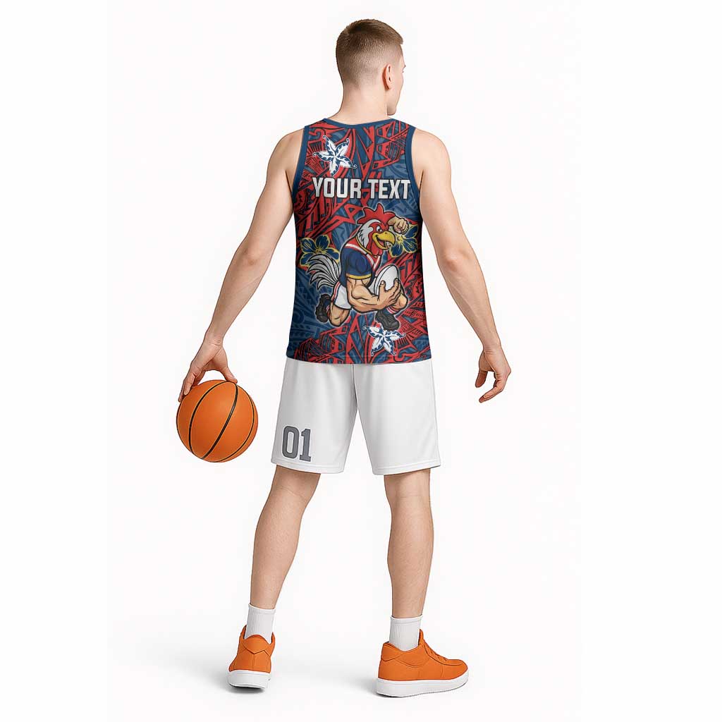 Personalised Sydney Roosters Basketball Jersey Polynesian Tribal Pattern With Rugby Rooster Mascot Art