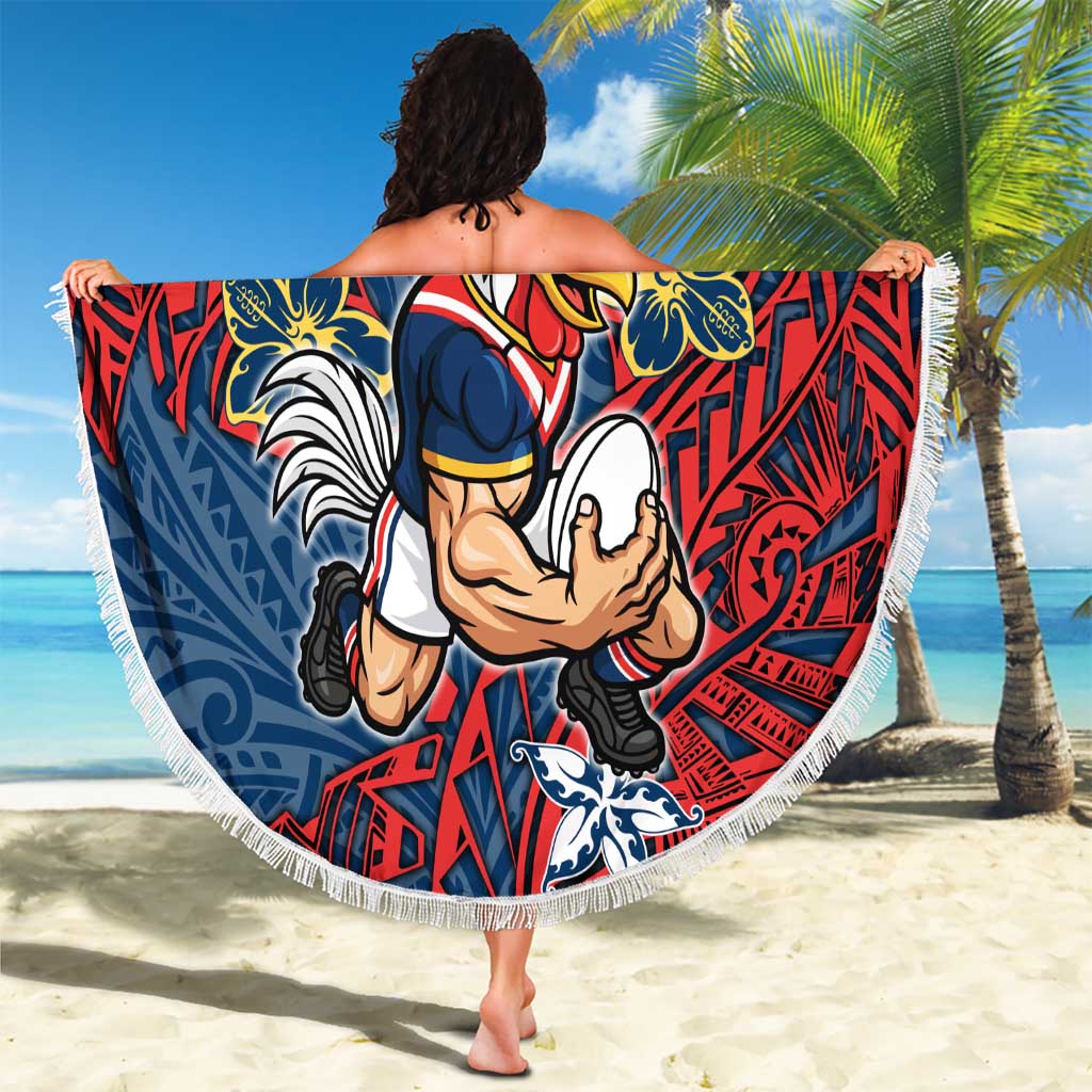 Personalised Sydney Roosters Beach Blanket Polynesian Tribal Pattern With Rugby Rooster Mascot Art