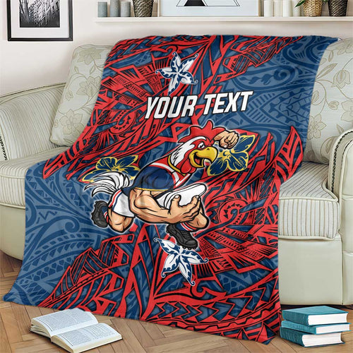 Personalised Sydney Roosters Blanket Polynesian Tribal Pattern With Rugby Rooster Mascot Art