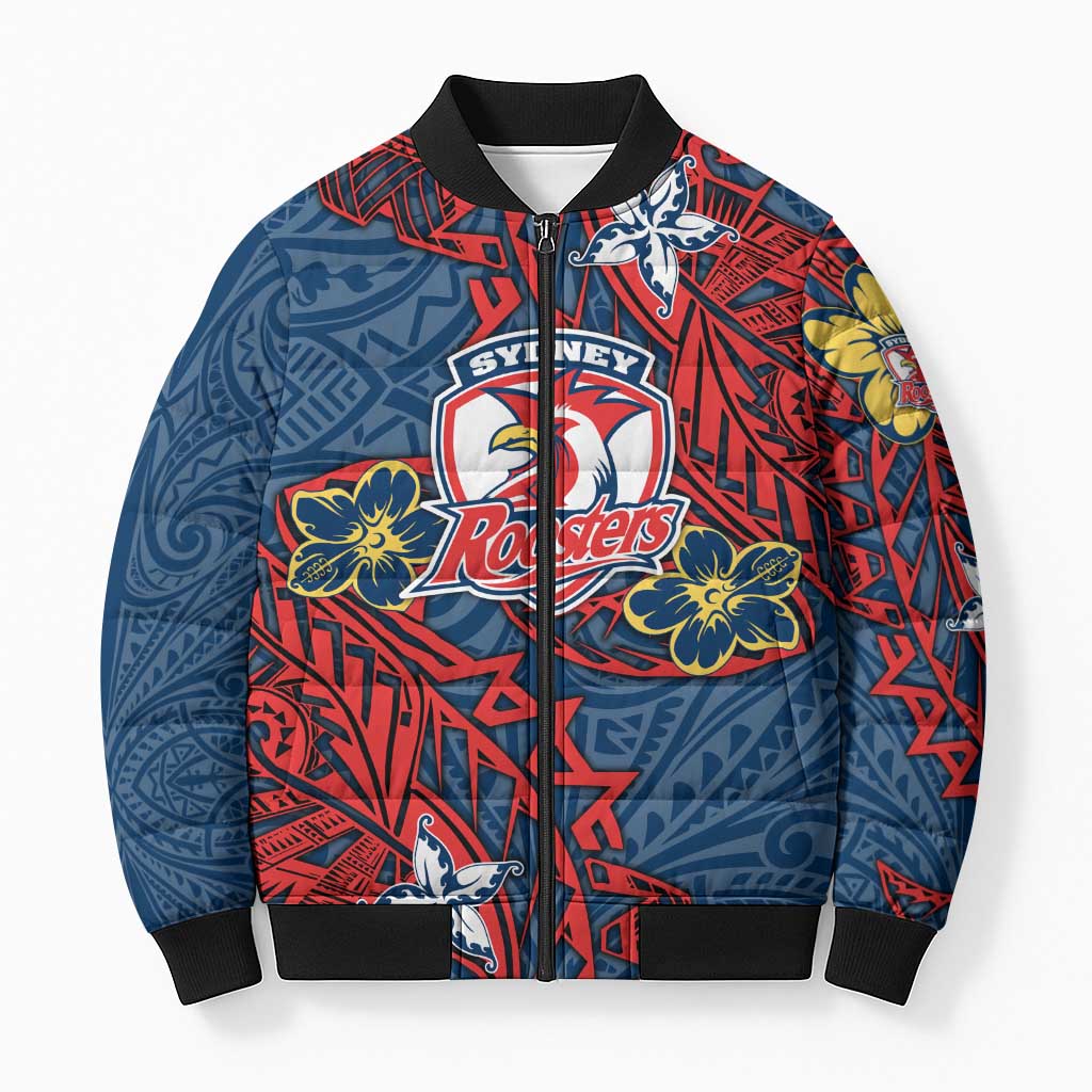 Personalised Sydney Roosters Bomber Puffer Jacket Polynesian Tribal Pattern With Rugby Rooster Mascot Art