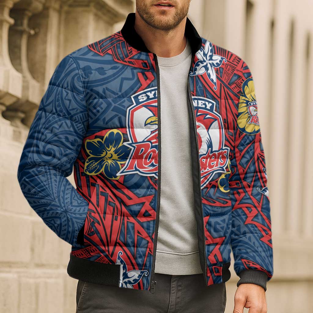 Personalised Sydney Roosters Bomber Puffer Jacket Polynesian Tribal Pattern With Rugby Rooster Mascot Art