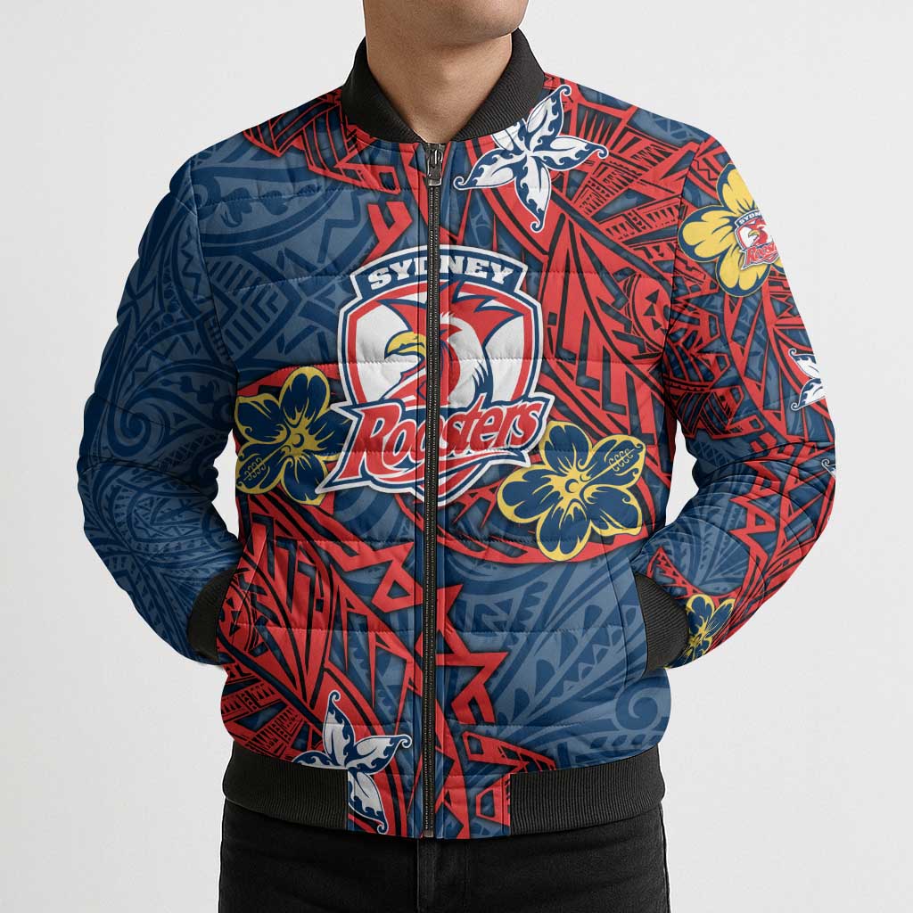 Personalised Sydney Roosters Bomber Puffer Jacket Polynesian Tribal Pattern With Rugby Rooster Mascot Art