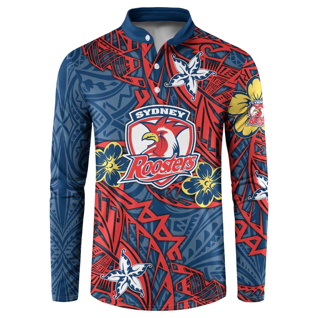 Personalised Sydney Roosters Button Sweatshirt Polynesian Tribal Pattern With Rugby Rooster Mascot Art