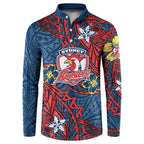 Personalised Sydney Roosters Button Sweatshirt Polynesian Tribal Pattern With Rugby Rooster Mascot Art