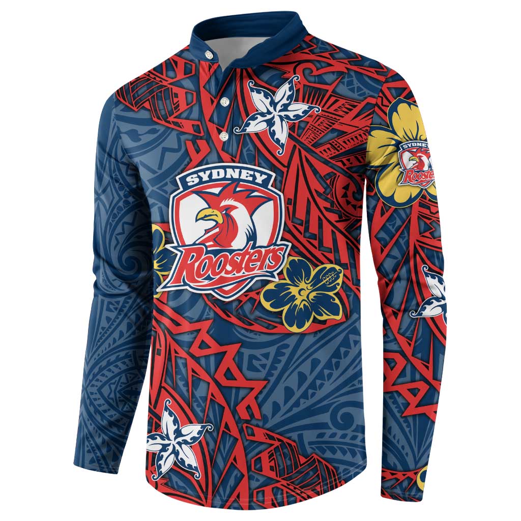 Personalised Sydney Roosters Button Sweatshirt Polynesian Tribal Pattern With Rugby Rooster Mascot Art