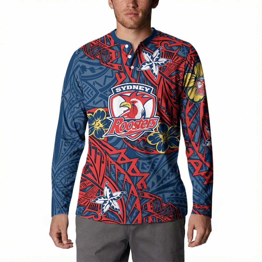 Personalised Sydney Roosters Button Sweatshirt Polynesian Tribal Pattern With Rugby Rooster Mascot Art