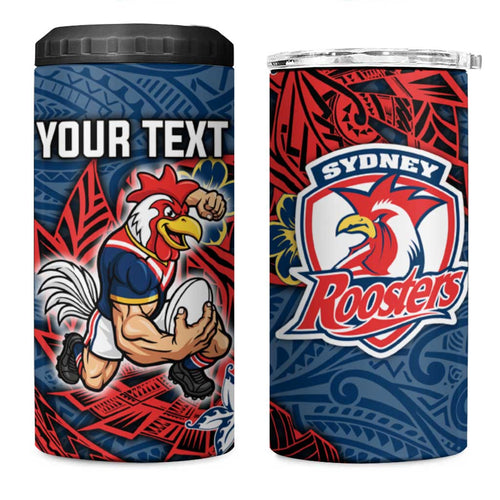 Personalised Sydney Roosters 4 in 1 Can Cooler Tumbler Polynesian Tribal Pattern With Rugby Rooster Mascot Art