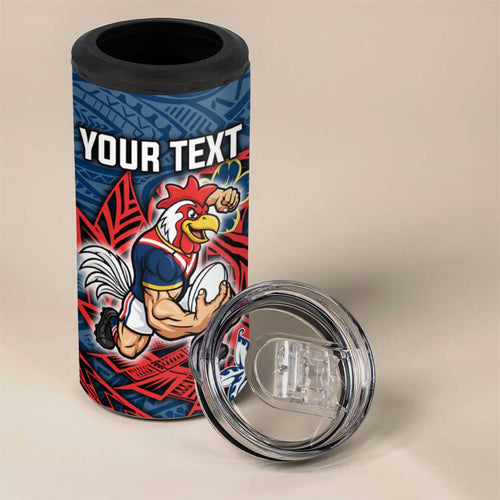 Personalised Sydney Roosters 4 in 1 Can Cooler Tumbler Polynesian Tribal Pattern With Rugby Rooster Mascot Art