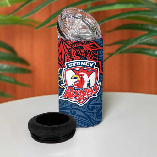 Personalised Sydney Roosters 4 in 1 Can Cooler Tumbler Polynesian Tribal Pattern With Rugby Rooster Mascot Art